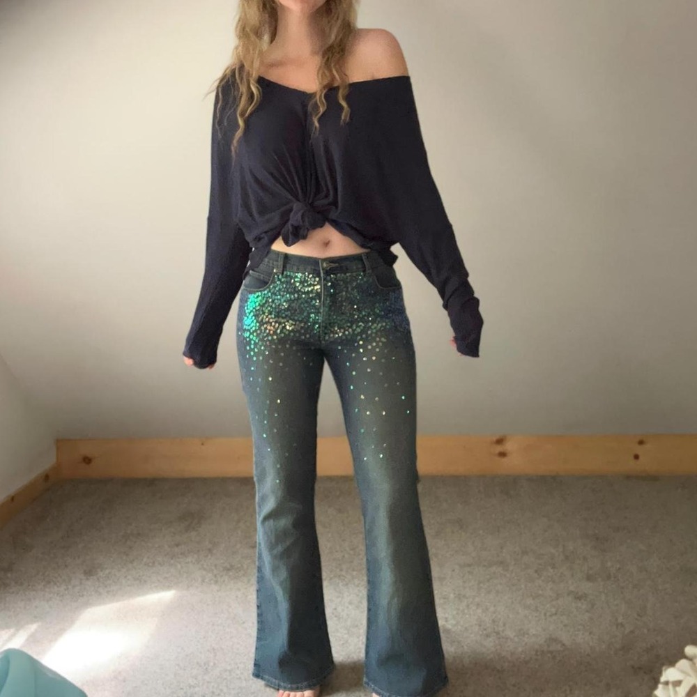 Y2K low rise flare jeans with green and blue sequin embellishment